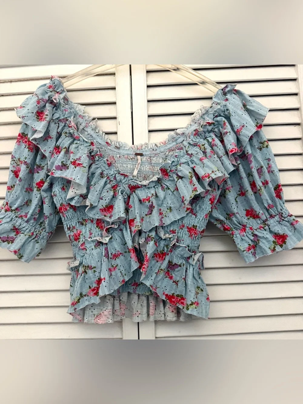 Free People Light Blue Floral Favorite Girl Smocked Ruffle Top